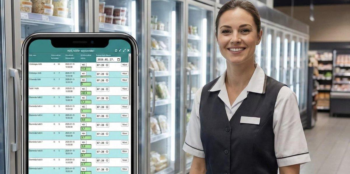 Digitális hűtőnapló a DIHA alkalmazásban, a háttérben élelmiszerüzlet hűtőpultjai