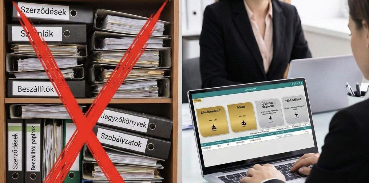 Áthúzott papír iratrendezők és a DIHA digitális dokumentumtára laptopon — a papíralapú irattár kiváltása