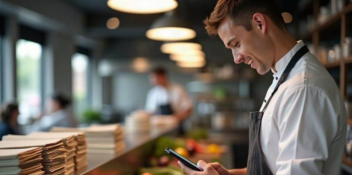 Séf okostelefonon tölti ki a digitális HACCP naplót munka közben — a háttérben a kiváltott papírkötegek
